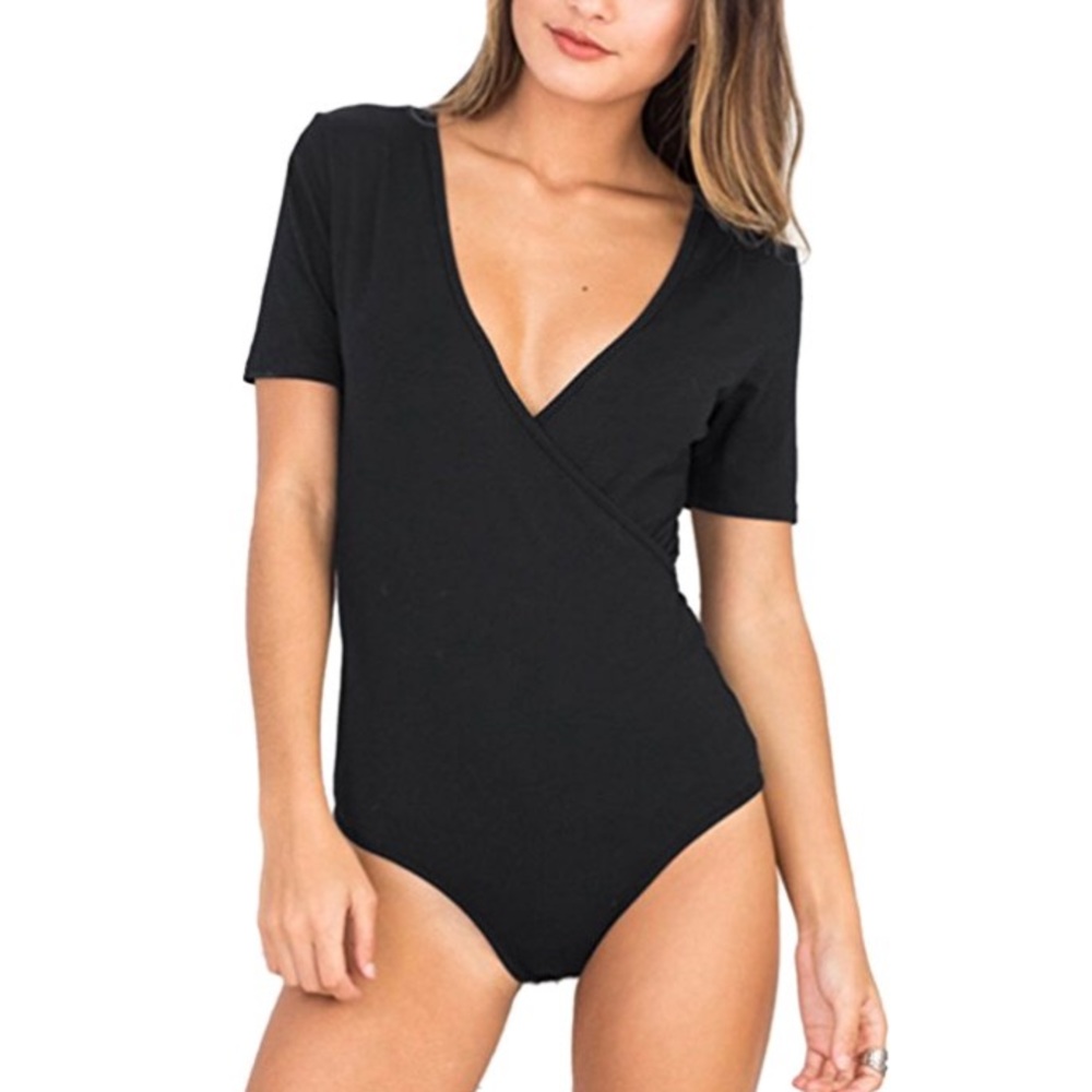 Trendy top Black bodysuit wrap front SMALL